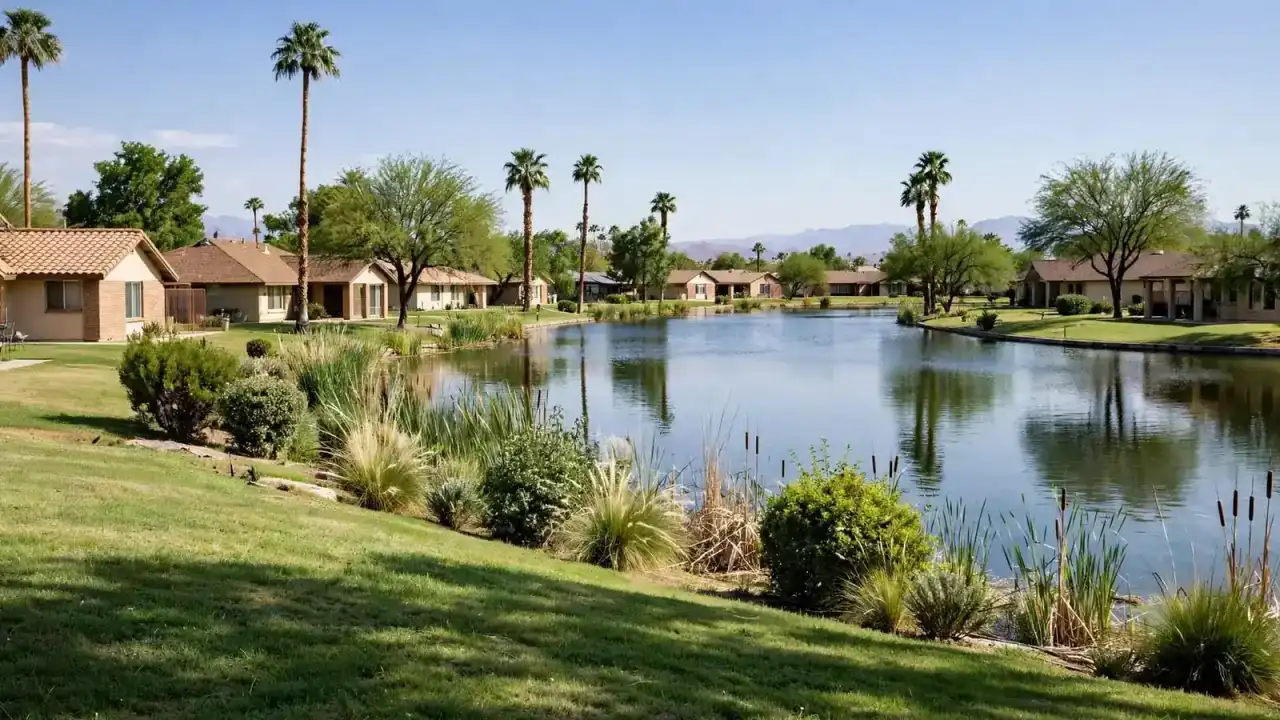 1970s-80s homes beside a calm community lake with grass and palms