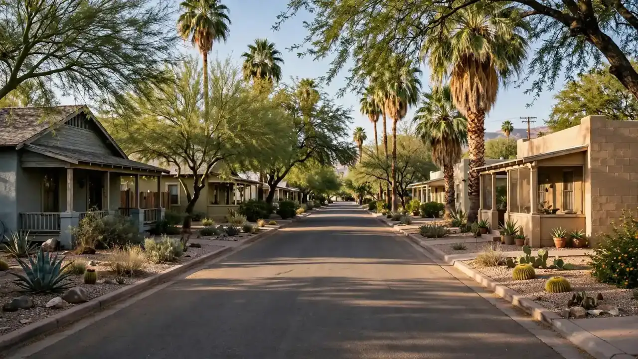 Older bungalows and small block homes on a tree-lined street near a historic downtown