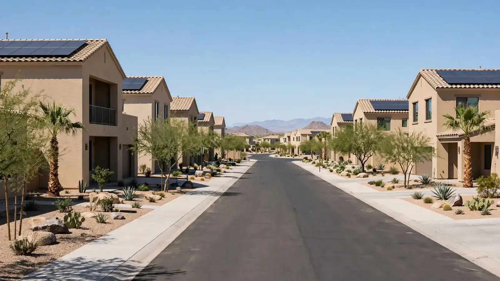 Brand-new two-story homes with solar panels on a clean modern street