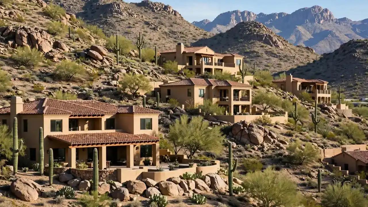 Hillside custom homes with tile roofs against rocky desert mountains