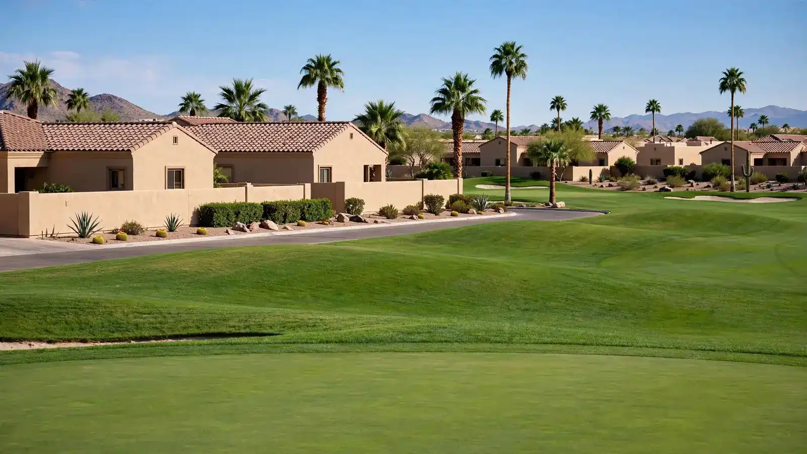 Tidy single-story homes with golf course greens in a gated retirement community