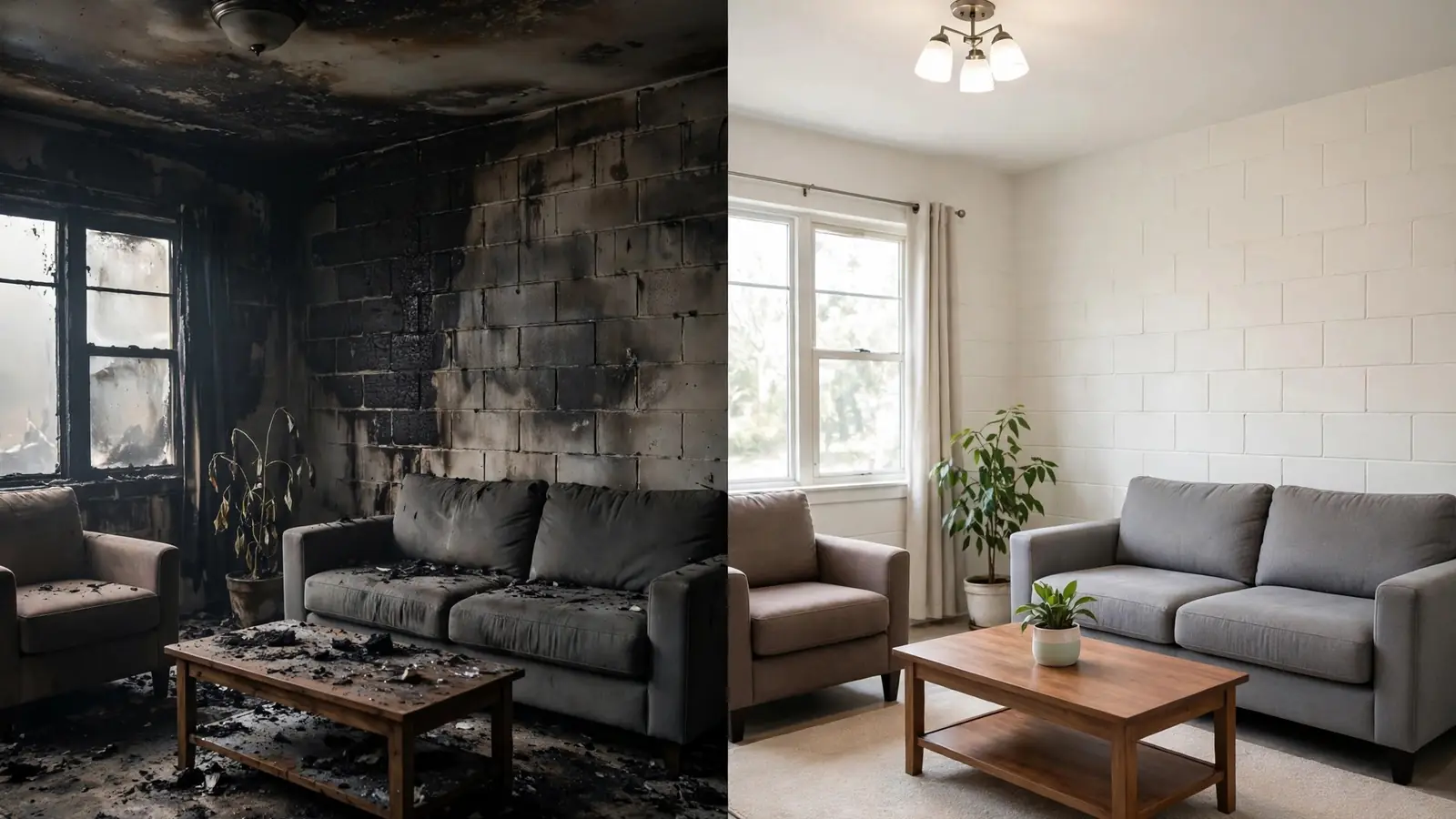 Split image of a living room with a painted block wall, sooty on the left and clean on the right