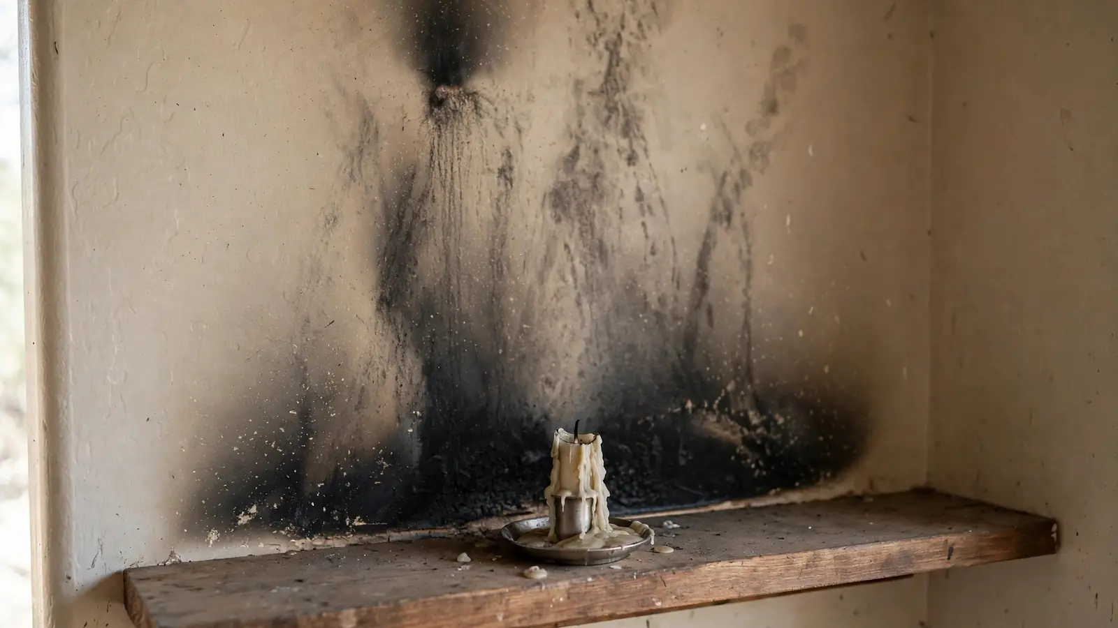 Blackened wall and shelf above where a candle burned