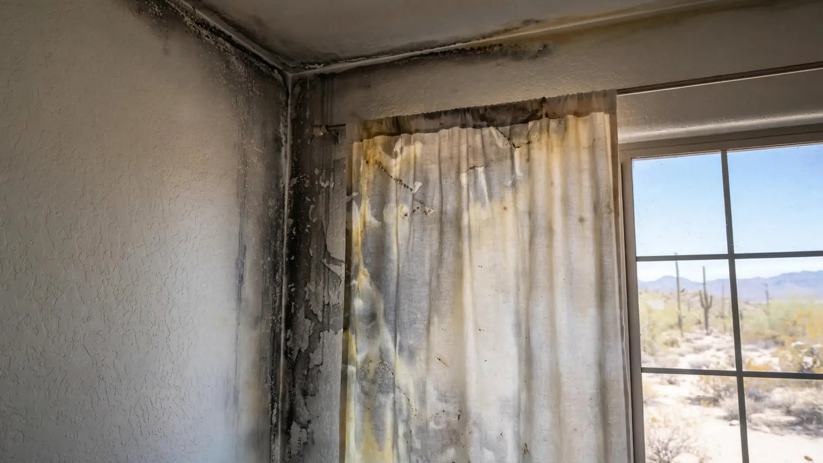 Smoke-stained curtain beside a window