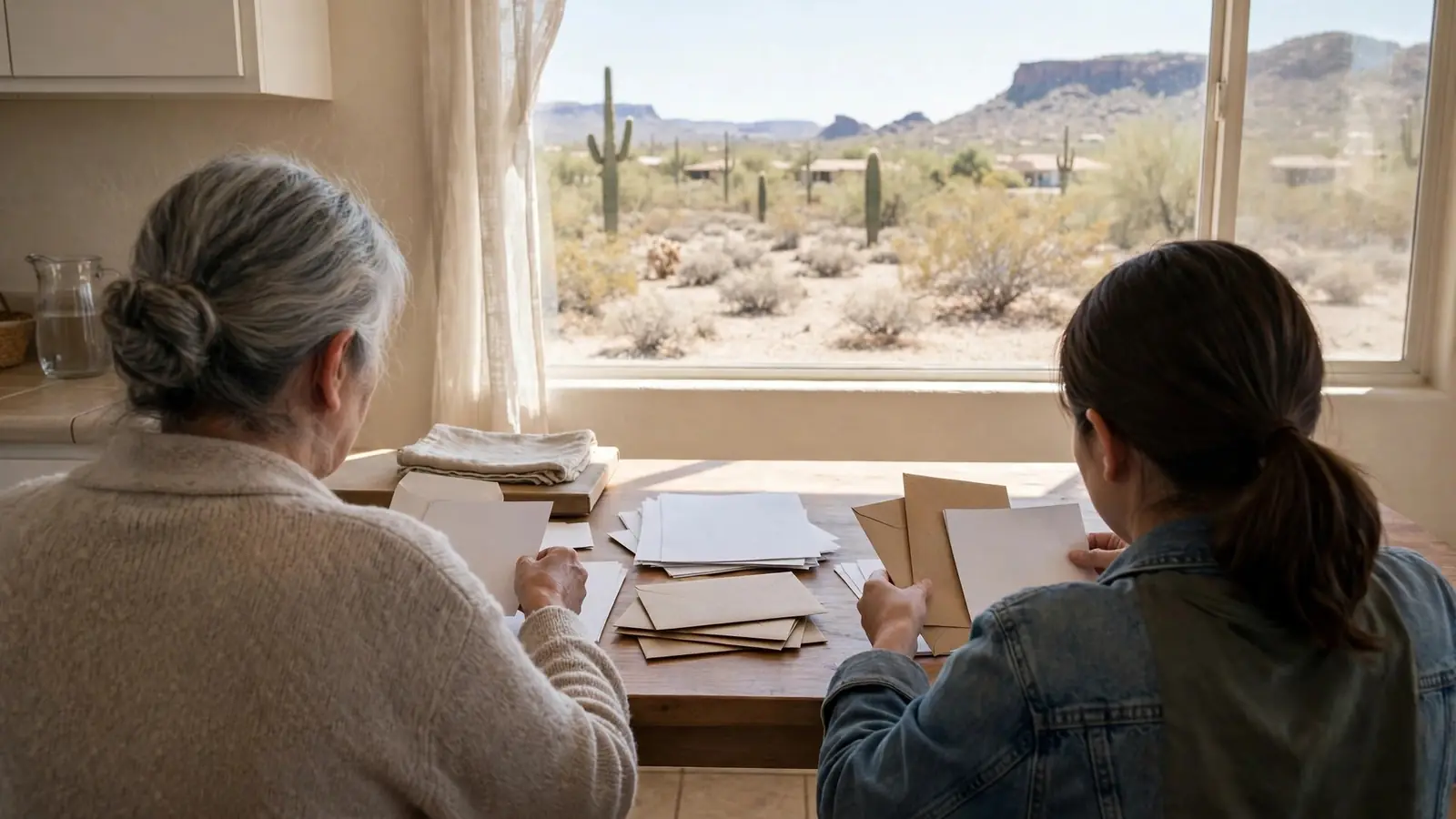 Adult child seen from behind helping an older parent sort papers at a table