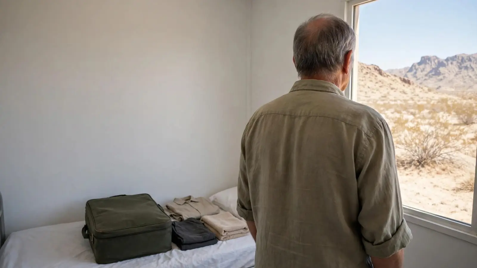 Older person seen from behind in a bright temporary room with a suitcase