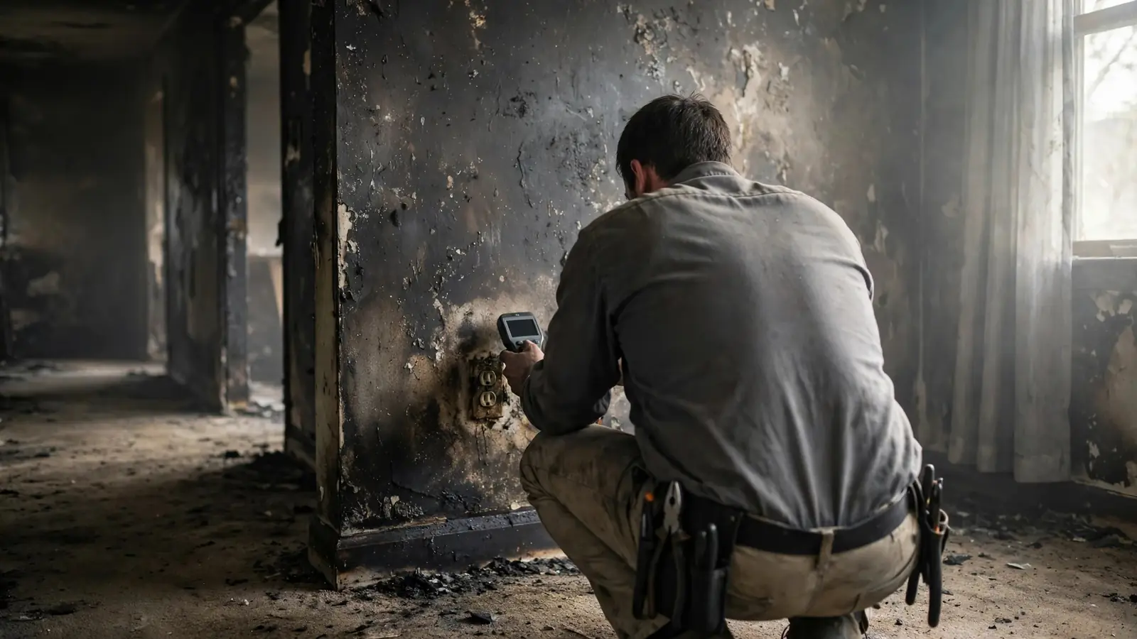 Electrician seen from behind testing a smoke-stained wall outlet