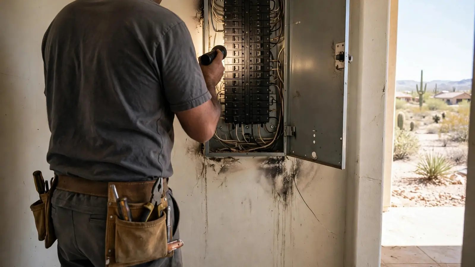 Electrician seen from behind inspecting an open electrical panel