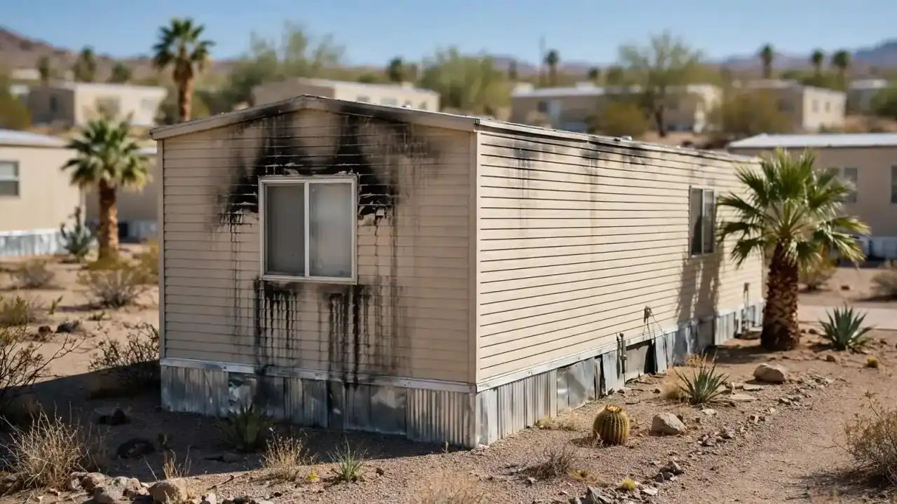 Single-wide manufactured home with smoke staining above a window in a park with palm trees