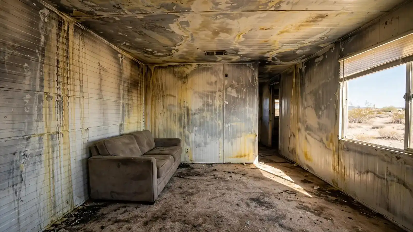 Interior of a manufactured home with smoke-stained vinyl wall panels