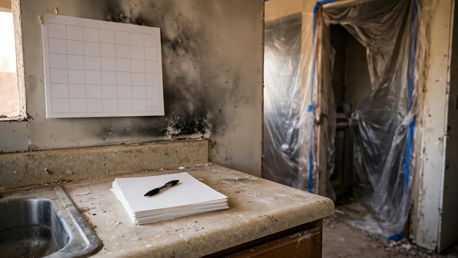 Calendar and notes on a kitchen counter in a home under restoration