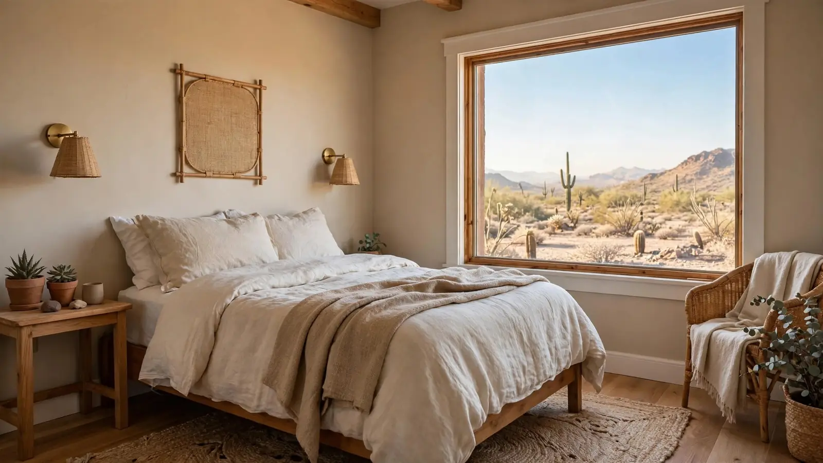 Restored bedroom with fresh paint and a large window facing the desert