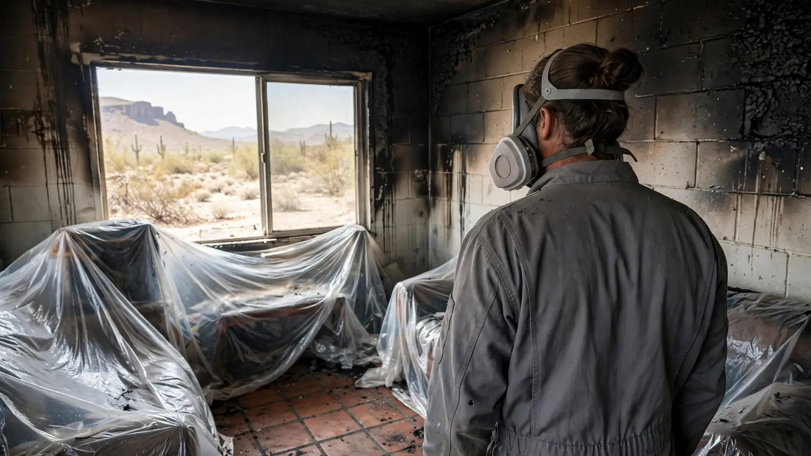 Worker in coveralls and a respirator seen from behind in a soot-darkened living room