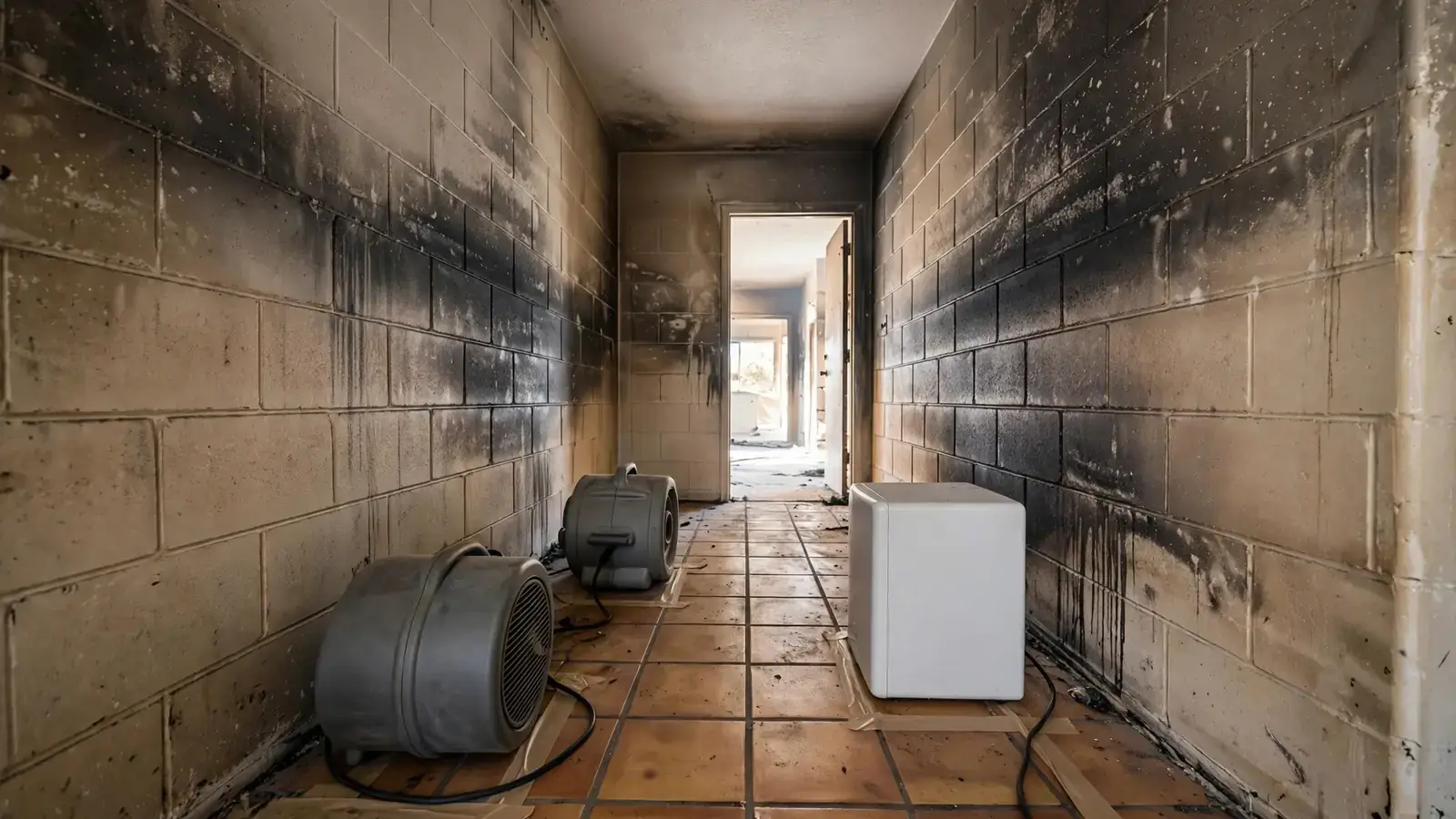 Air movers and a dehumidifier on saltillo tile in a damaged hallway