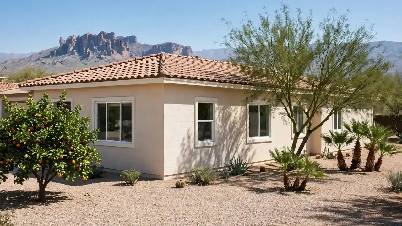 Restored Mesa home with fresh paint and a clean desert yard under a blue sky