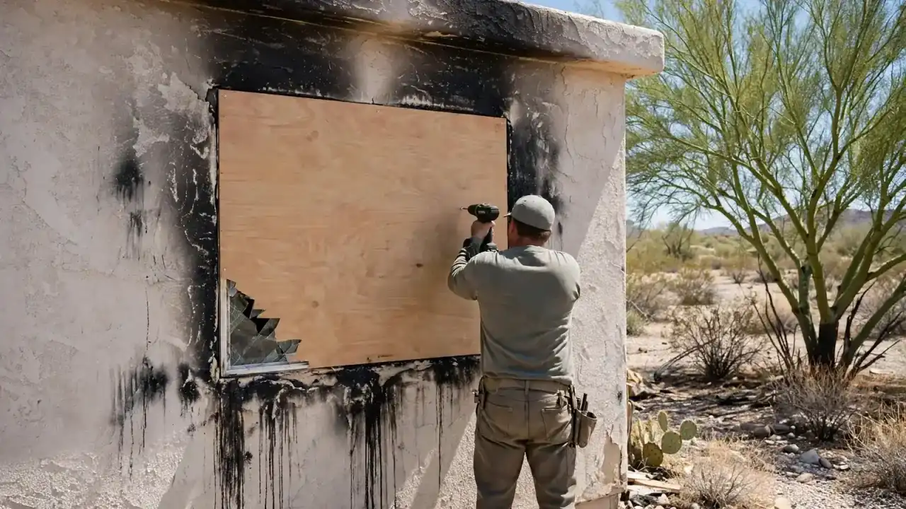 Worker seen from behind fastening plywood over a broken window on a stucco house