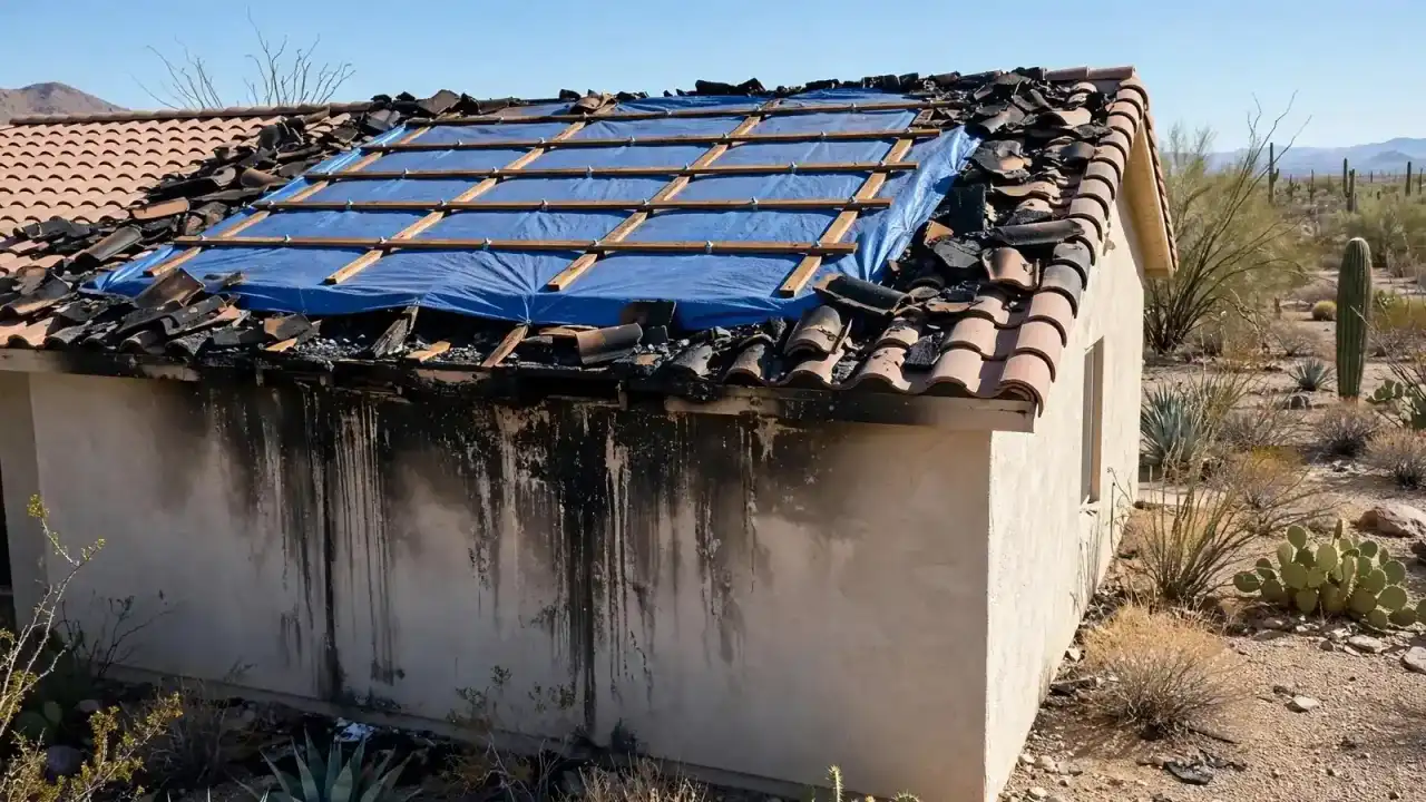 Blue tarp secured with wood battens over a fire-damaged section of a tile roof