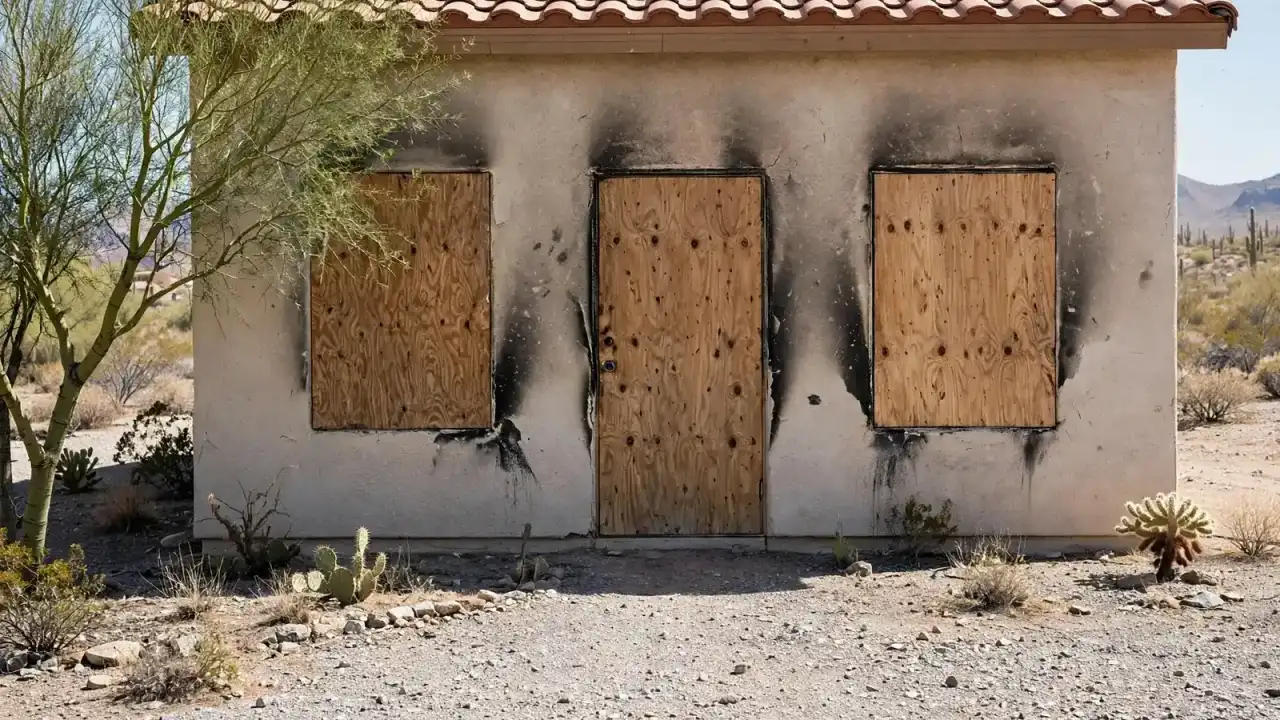 Boarded front door and windows on a single-story desert home with a gravel yard