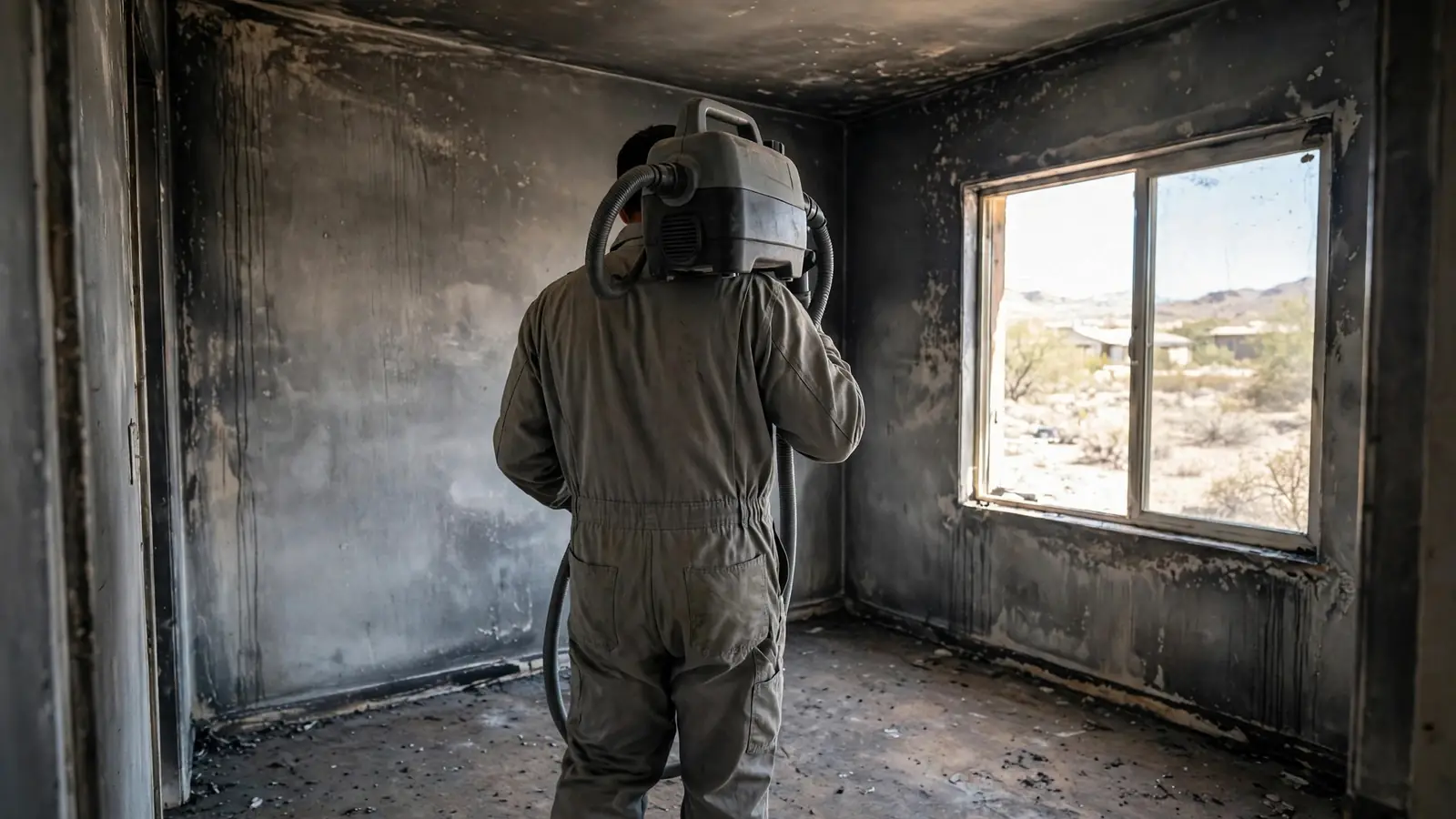 Technician seen from behind with equipment in an empty smoke-stained bedroom