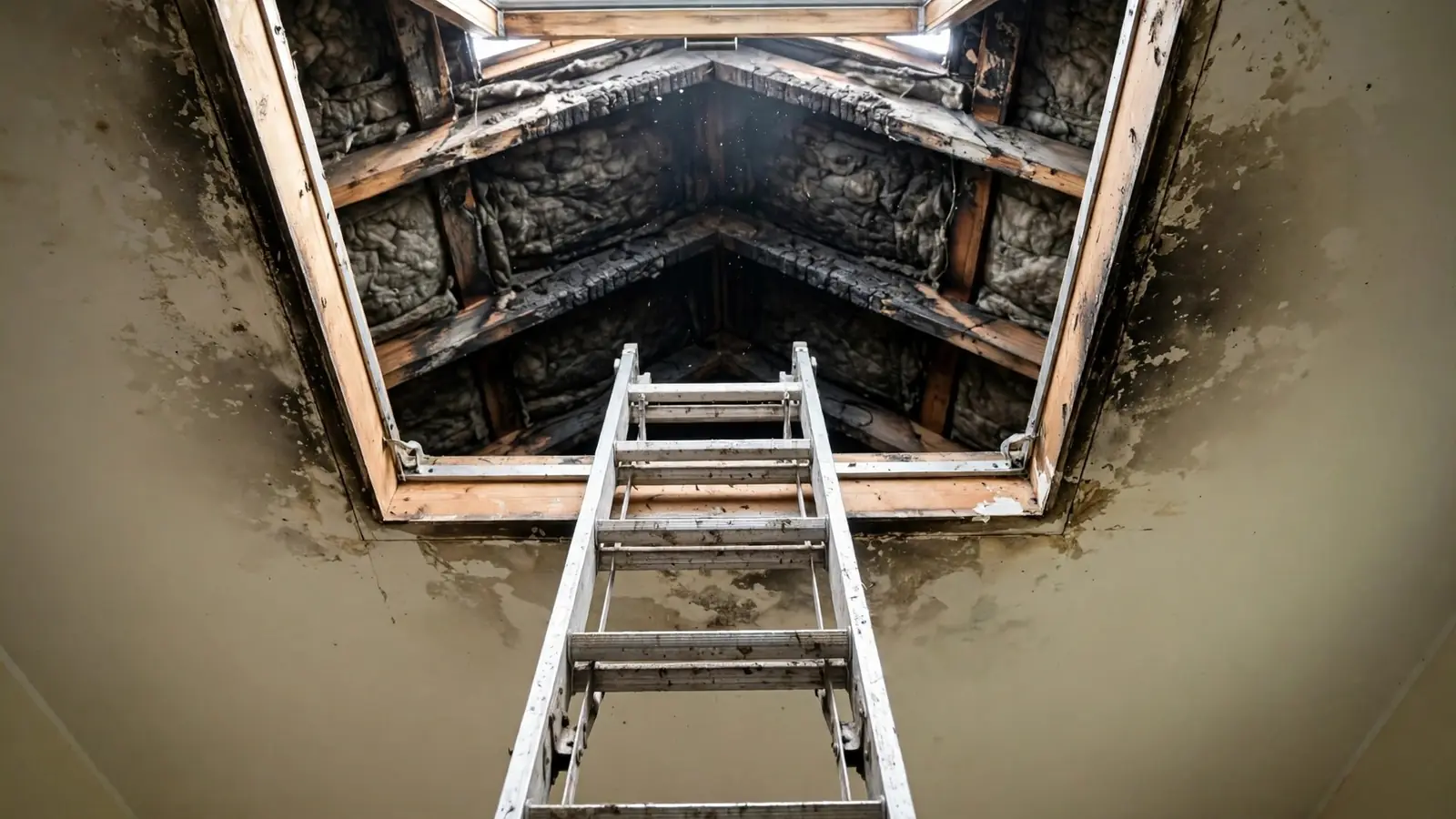 Open attic hatch showing insulation darkened by smoke