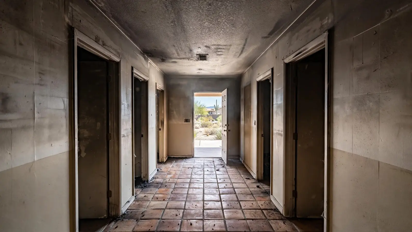 Hallway with grey smoke staining on upper walls and ceiling