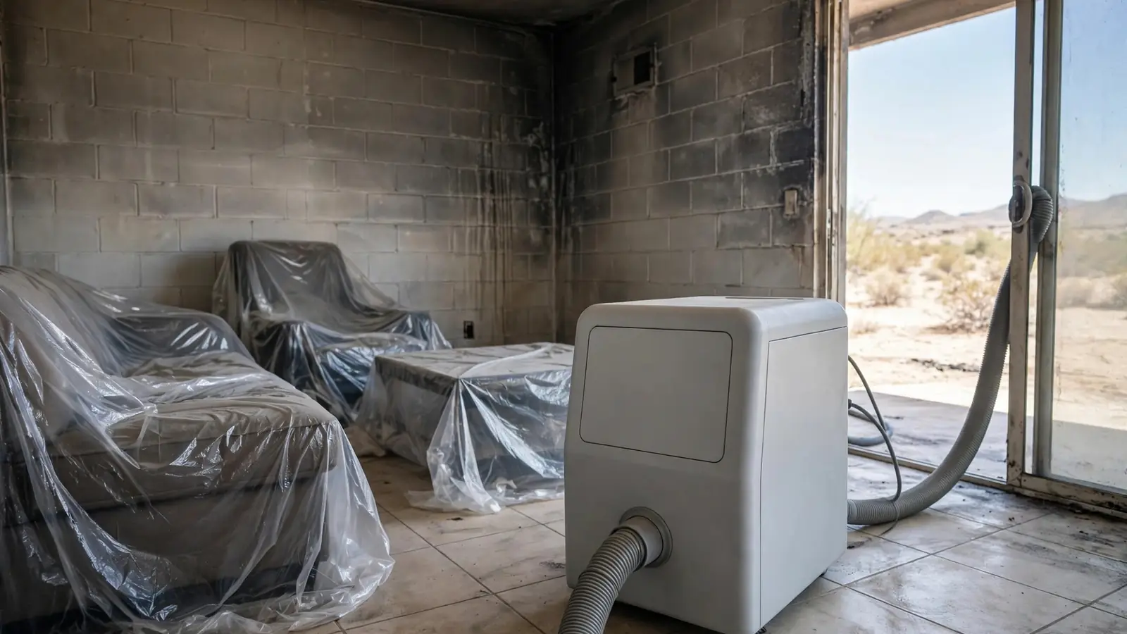 Portable air scrubber running in a living room with covered furniture