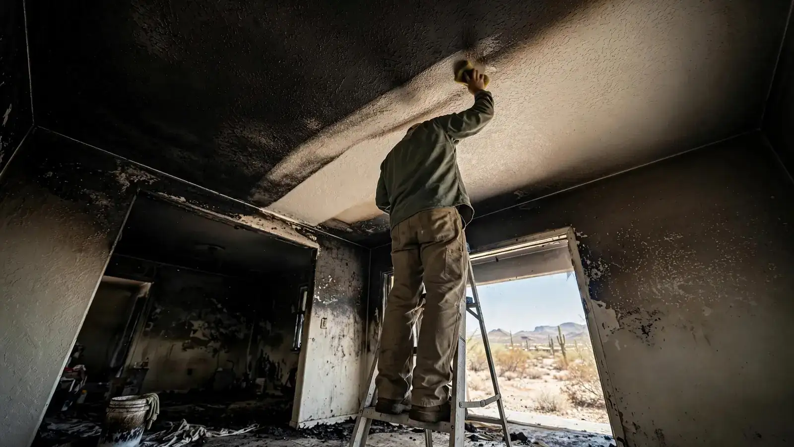 Technician wiping soot from a textured ceiling with a dry sponge