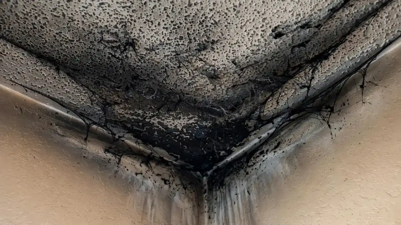 Close view of dark soot streaks gathered along a ceiling