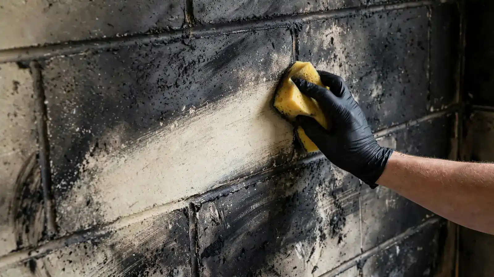 Gloved hand cleaning soot from a hard surface, leaving a clean streak