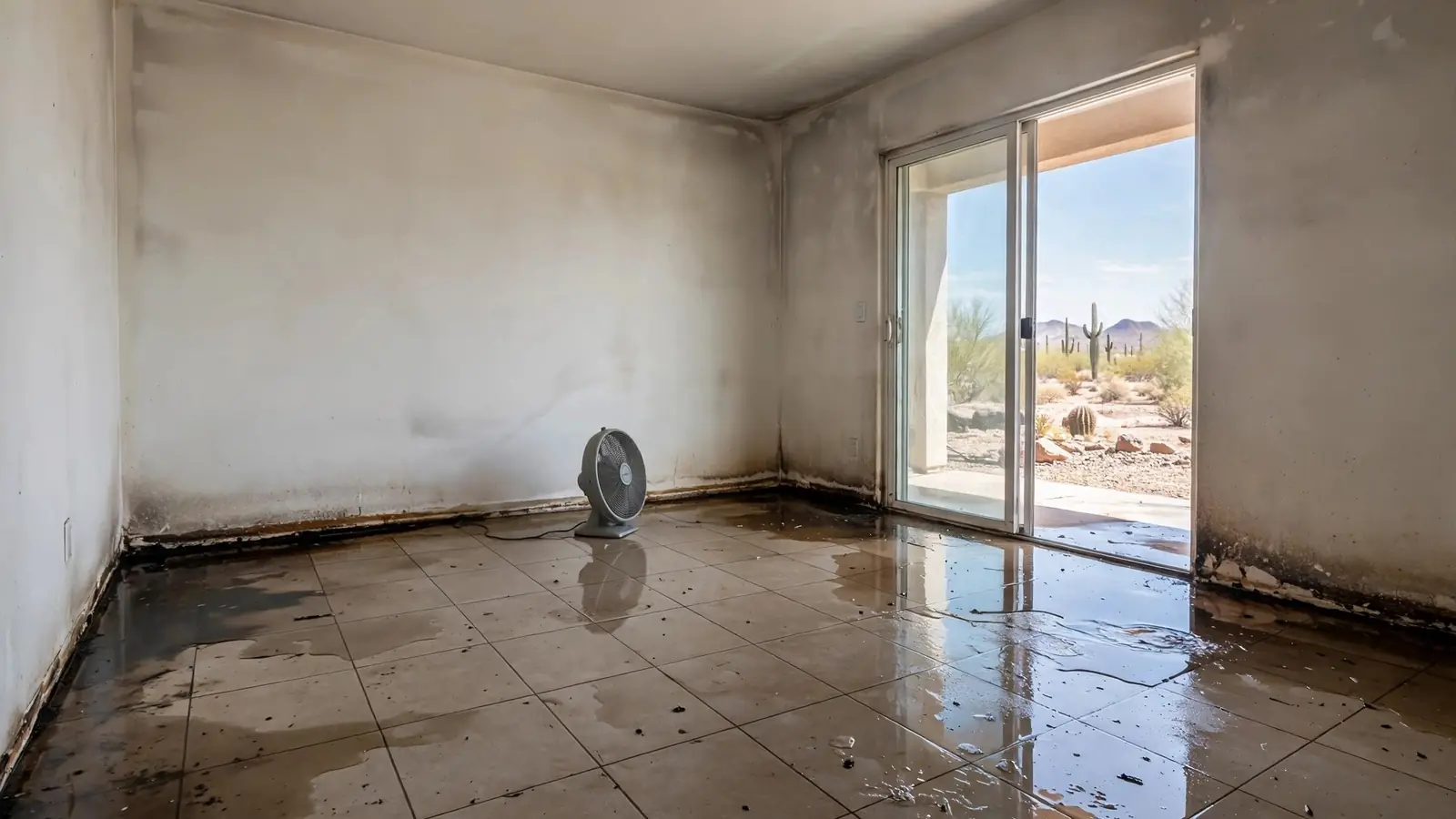 Wet tile floor and damp baseboards with a drying fan in an empty room