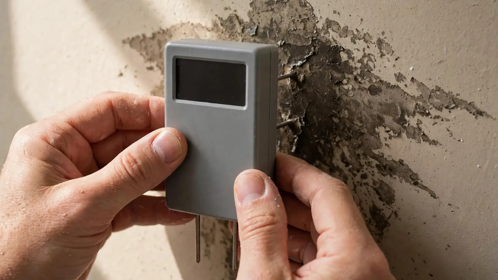 Hands holding a moisture meter against damp drywall