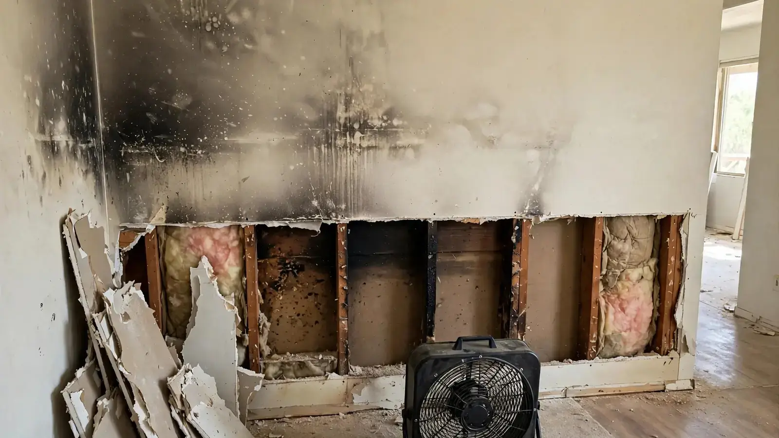 Drywall cut away along the bottom of a wall exposing studs for drying